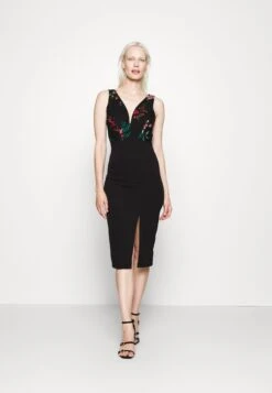 Embroidered V Neck Rose Midi - Jurk - Black Floral
