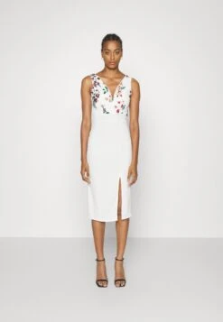 Embroidered V Neck Rose Midi - Jurk - White Floral