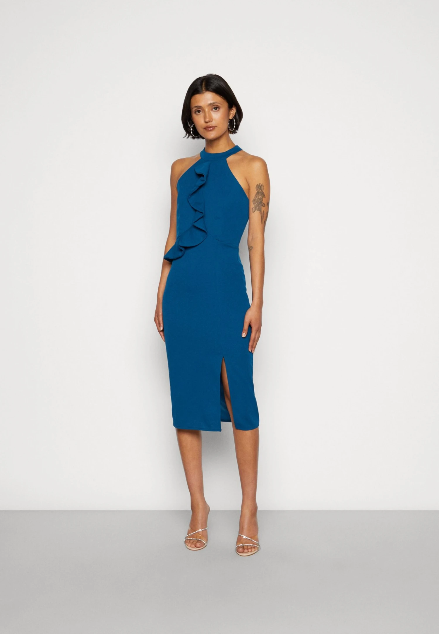 Wal G Sasha Frill Neck Midi Dress - Jerseyjurk - Dark Teal Blue 1 Wal G Sasha Frill Neck Midi Dress - Jerseyjurk - Dark Teal Blue