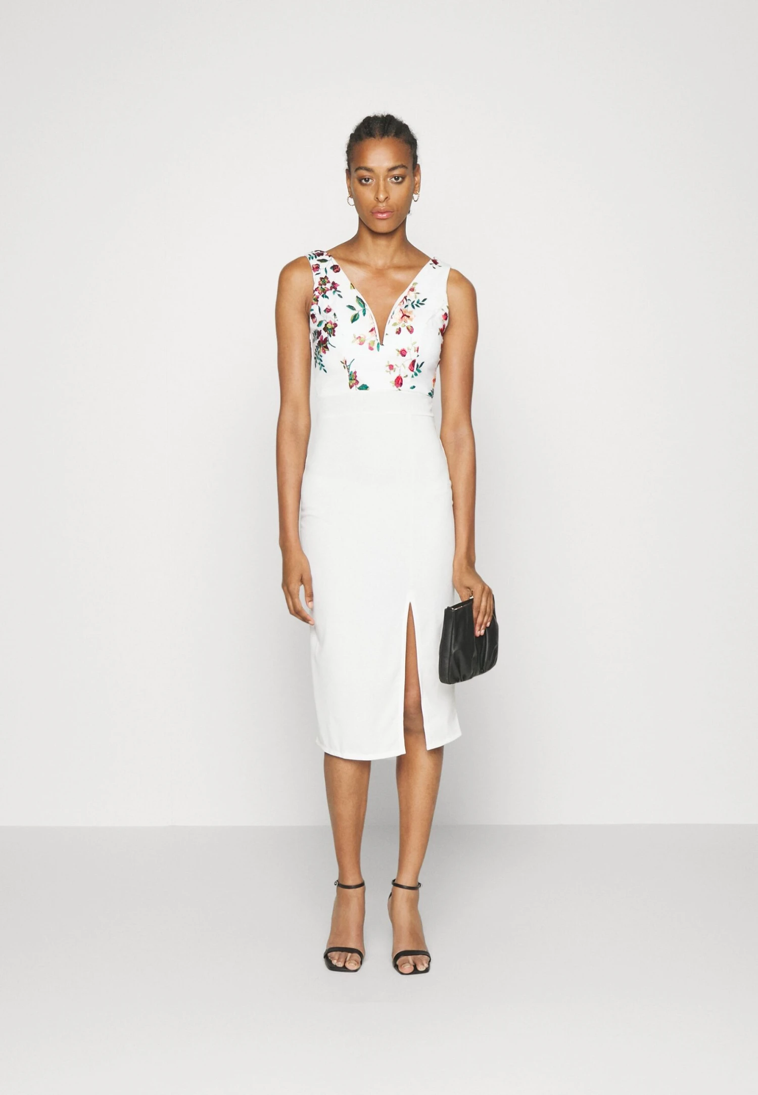 Embroidered V Neck Rose Midi - Jurk - White Floral 2 Embroidered V Neck Rose Midi - Jurk - White Floral - Afbeelding 2