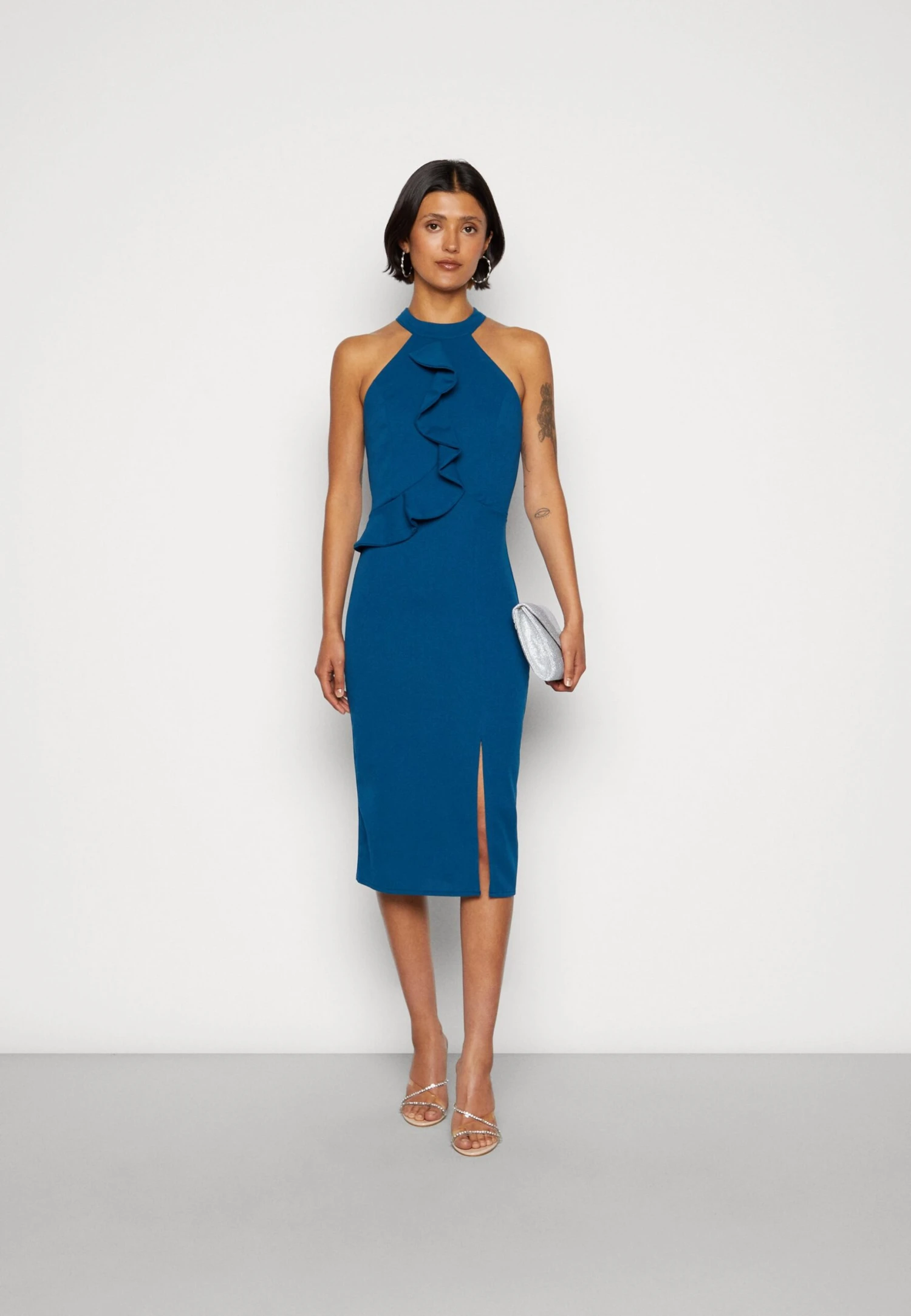 Wal G Sasha Frill Neck Midi Dress - Jerseyjurk - Dark Teal Blue 2 Wal G Sasha Frill Neck Midi Dress - Jerseyjurk - Dark Teal Blue - Afbeelding 2