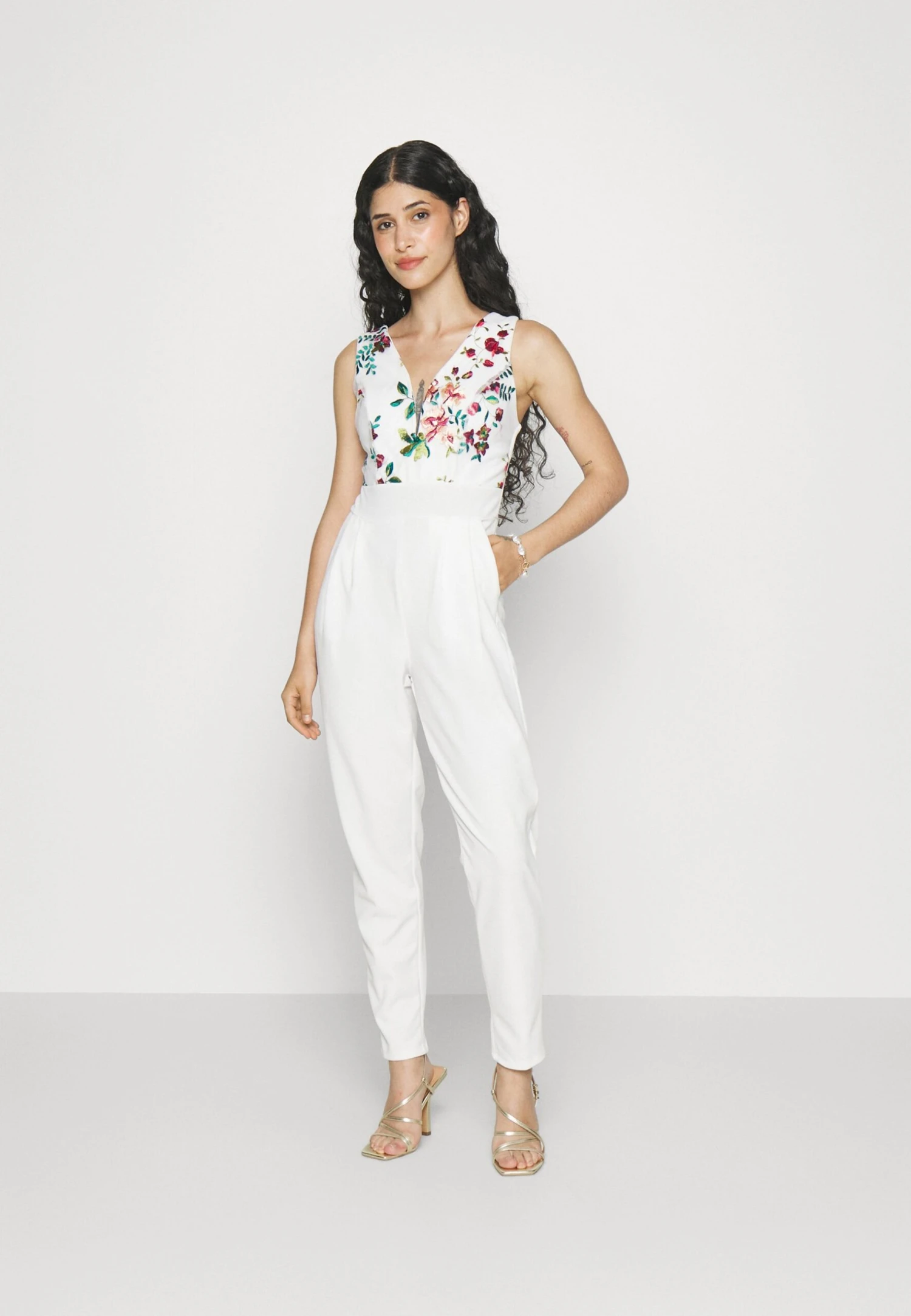 Contrast Plunge - Jumpsuit - White Floral 2 Contrast Plunge - Jumpsuit - White Floral - Afbeelding 2