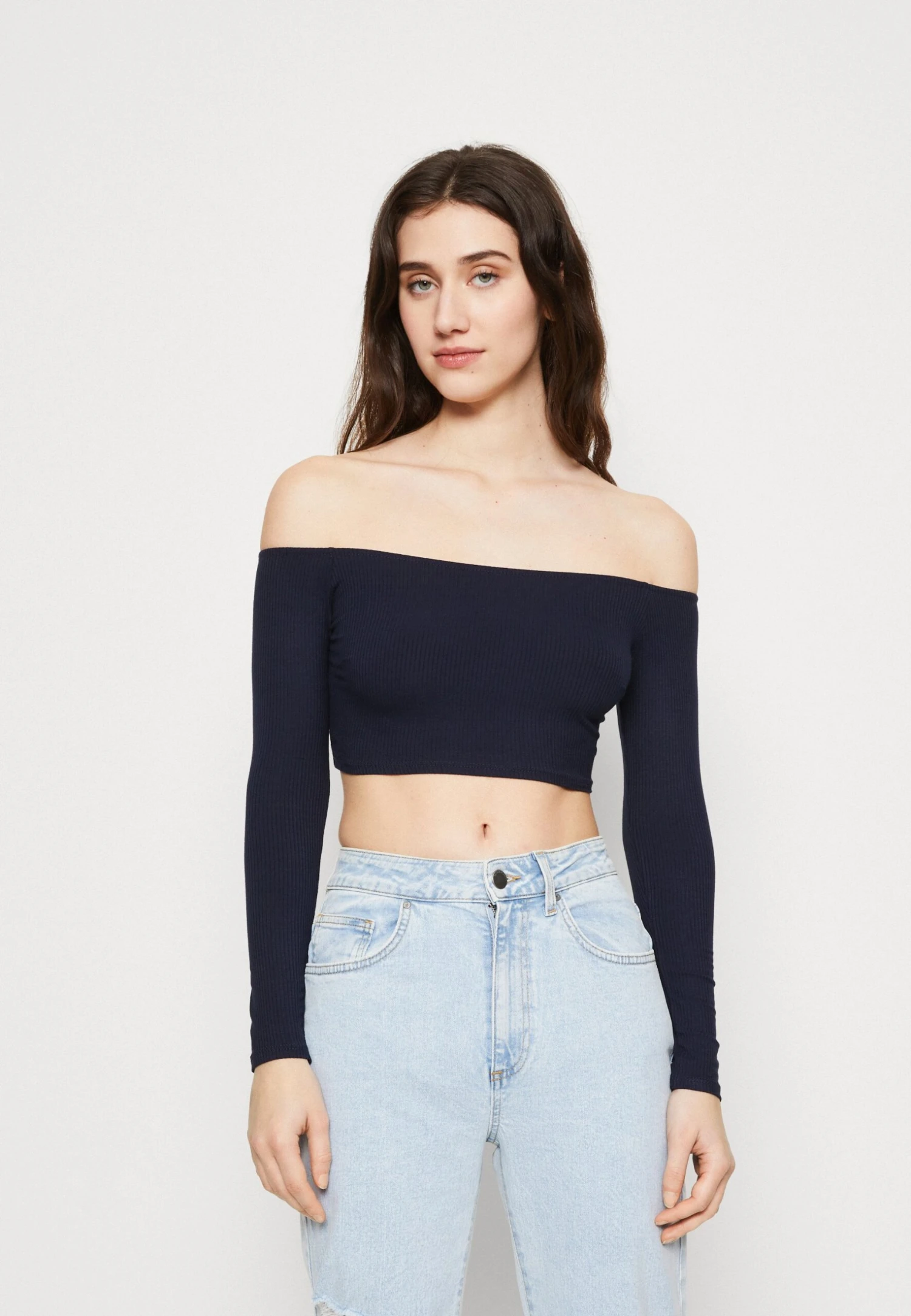 Wal G Hollie Off Shoulder Crop - Longsleeve - Navy 1 Wal G Hollie Off Shoulder Crop - Longsleeve - Navy
