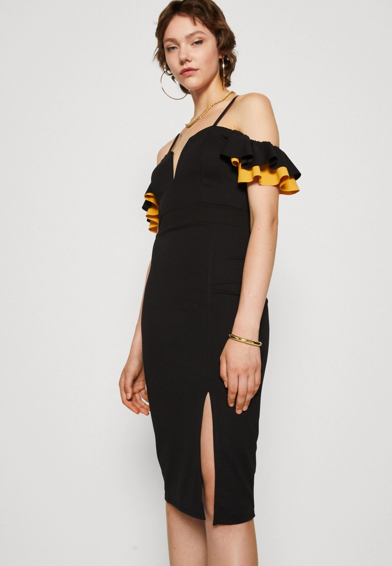 Wal G Simah Frill Midi Dress - Jerseyjurk - Black/Mango 4 Wal G Simah Frill Midi Dress - Jerseyjurk - Black/Mango - Afbeelding 4